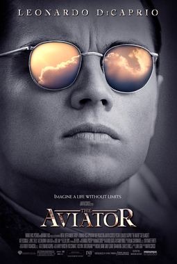 The Aviator movie poster, image of Leonardo DiCaprio, image of the clouds in the sunglasses,