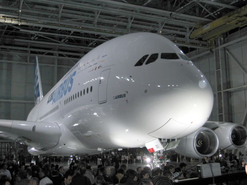 numerous people under the airplane, Airbus A380, big white airplane