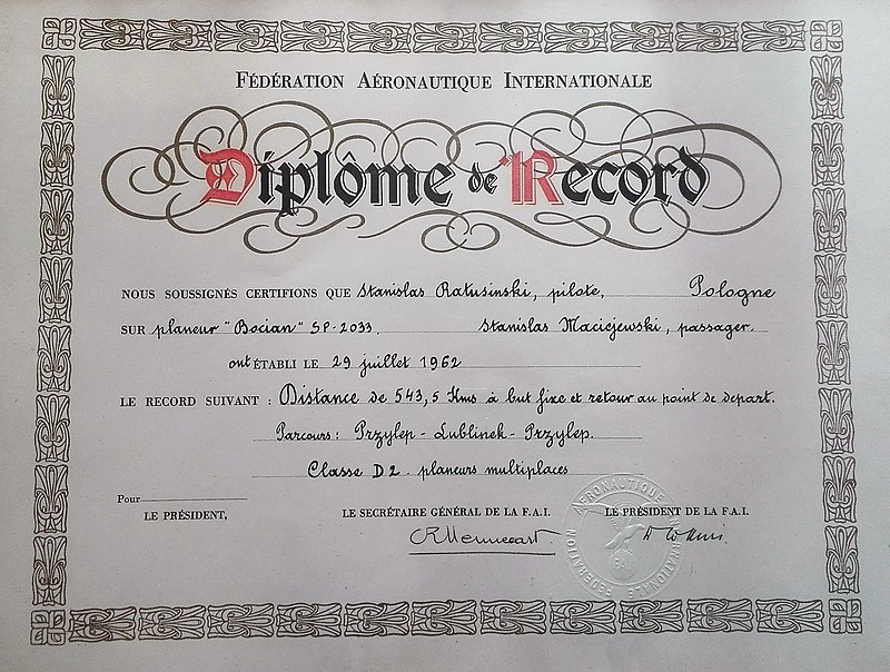 Stanislaw_Ratusinski_Diplome_Record_Federation_Aeronautique_Internationale_1962