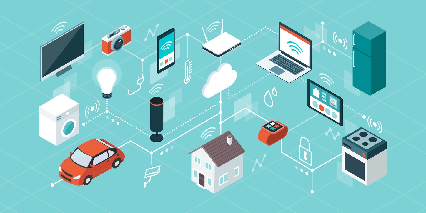 Illustration of the internet of things; isometric network of connected devices and appliances