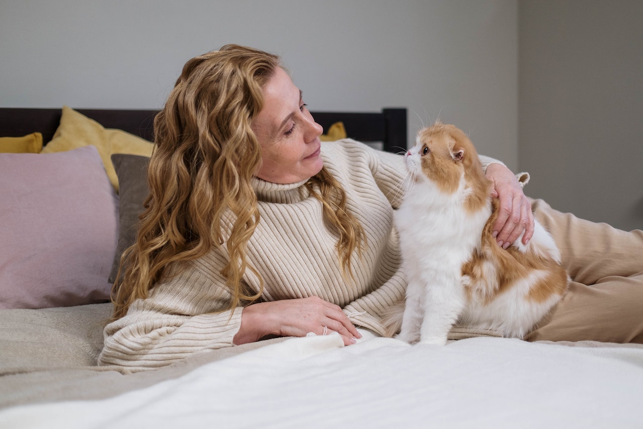 woman in a sweater holding an orange and white cat