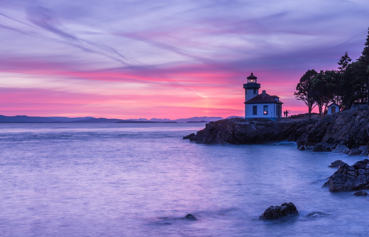 A lighthouse on San Juan Island at sunset