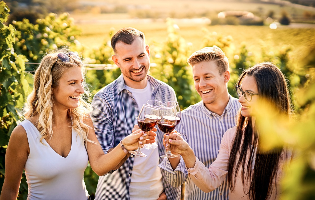 a group of friends having a wine tour