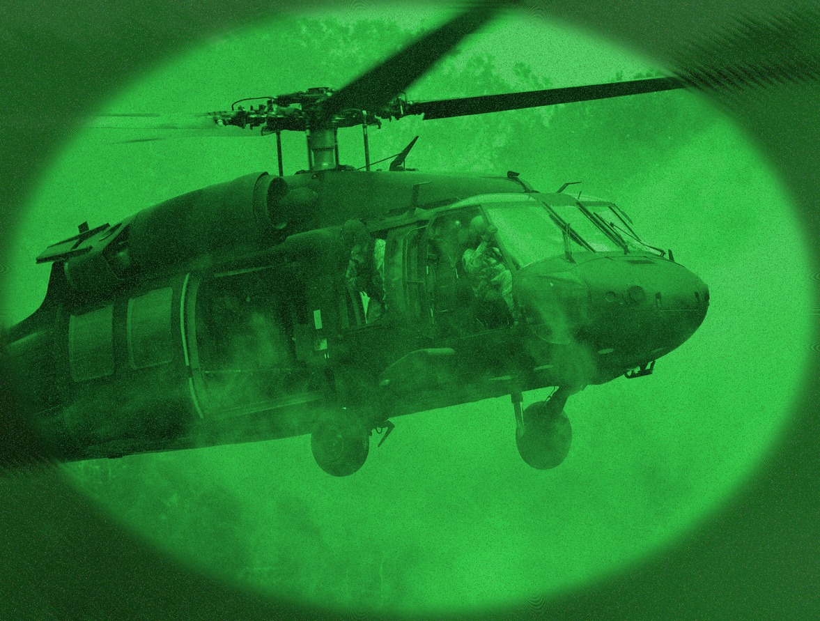 a helicopter viewed through night vision