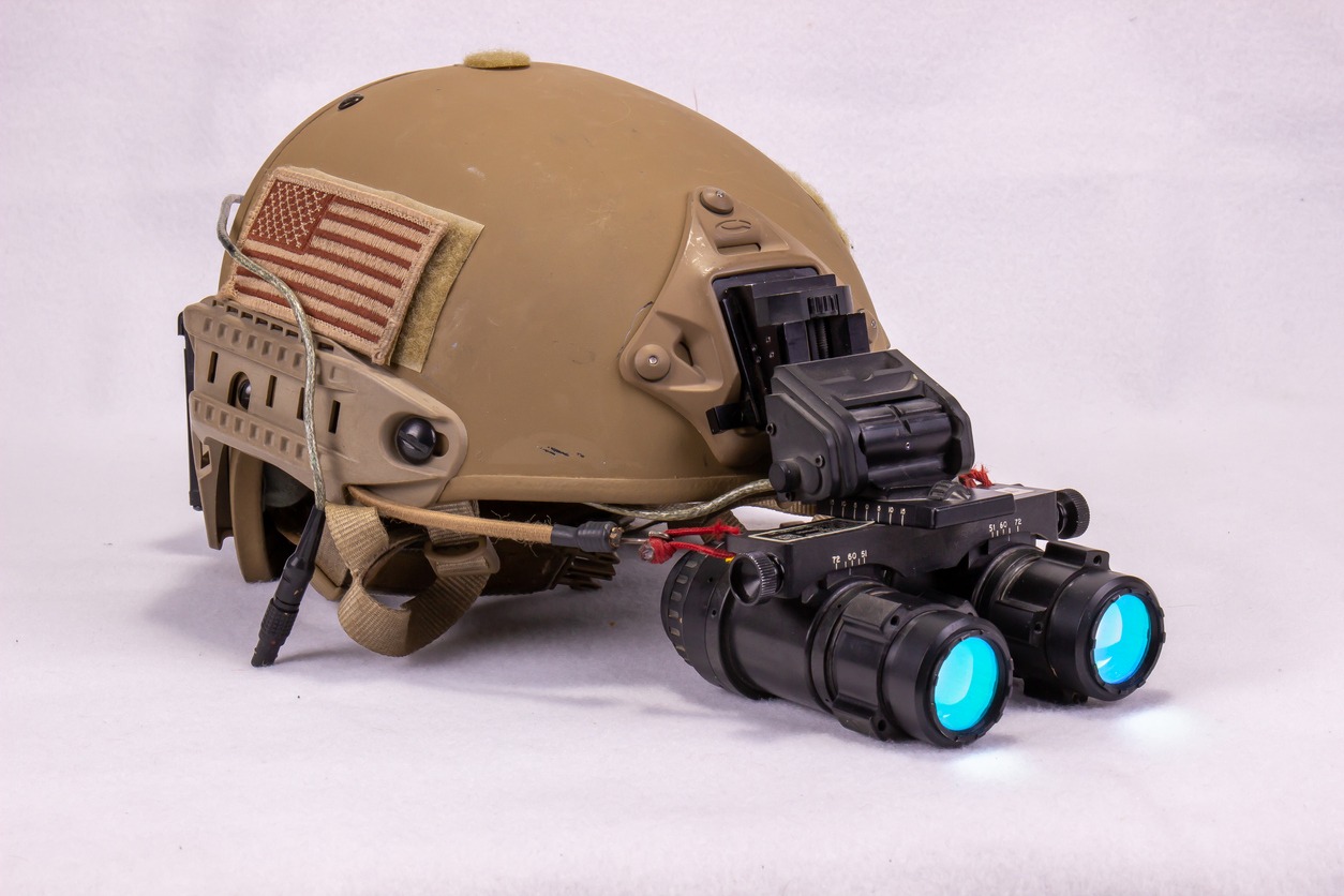 a military helmet with night vision goggles