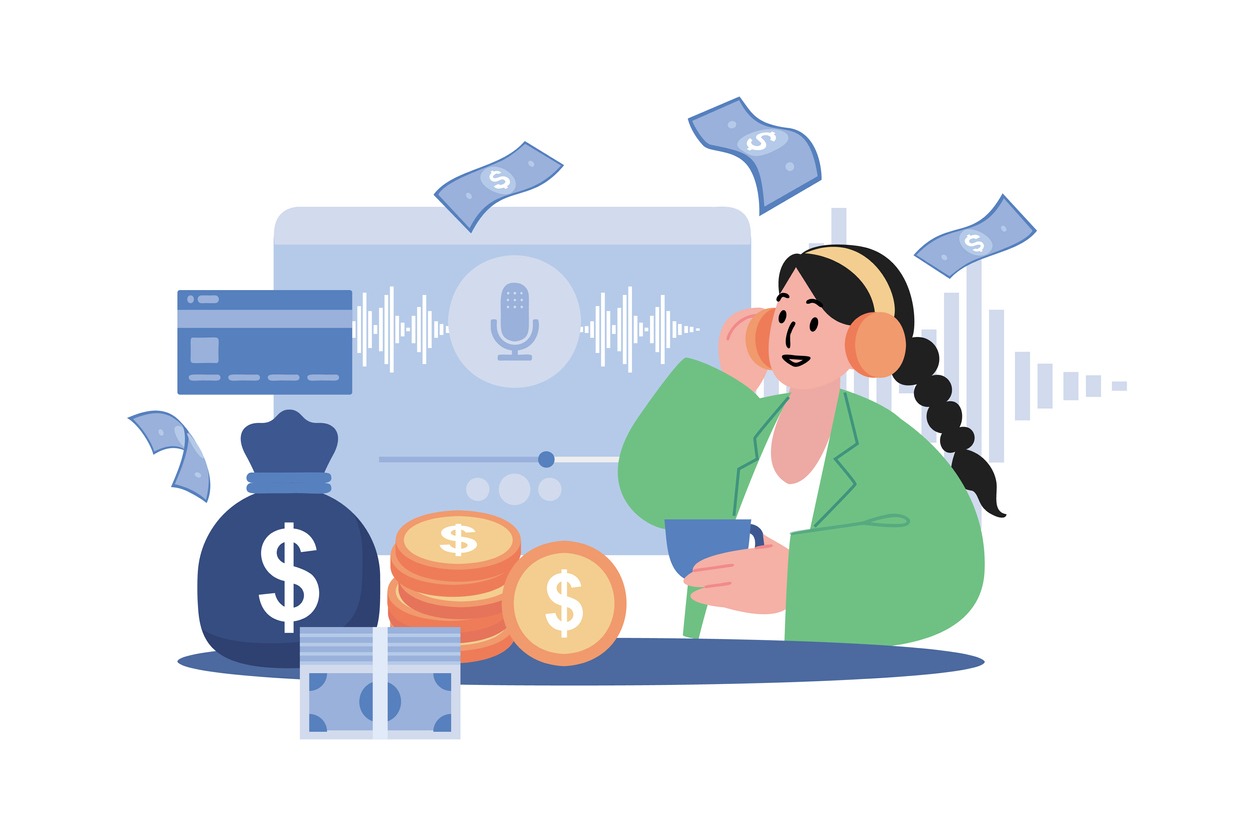 a vector art illustrating a podcaster earning money