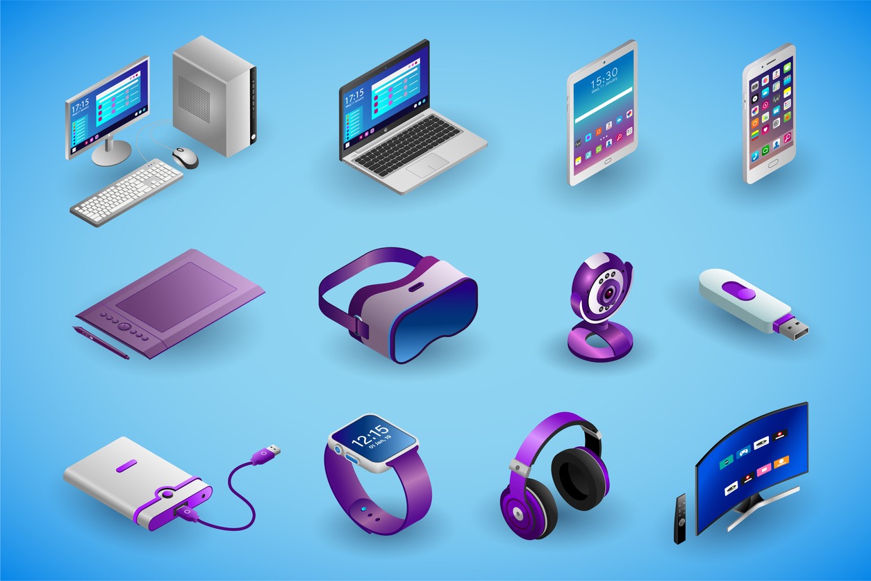 a vector illustration of VR devices and PCs