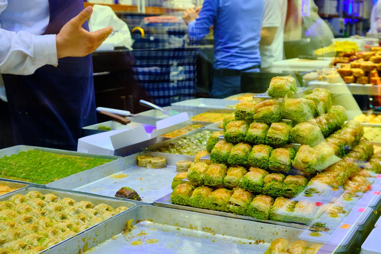 stacks of baklava on a traditional Turkish delight shop