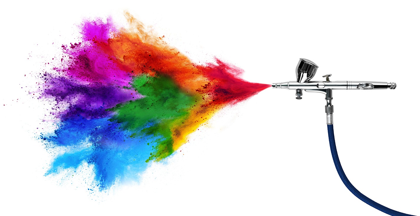 An airbrush tool spewing out different colors of paint