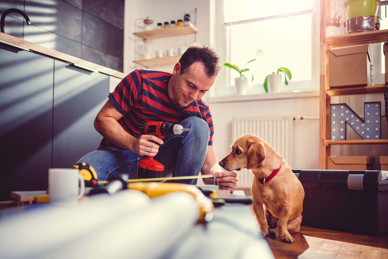 man-with-dog-building-kitchen-cabinets-and-using-a-cordless-drill