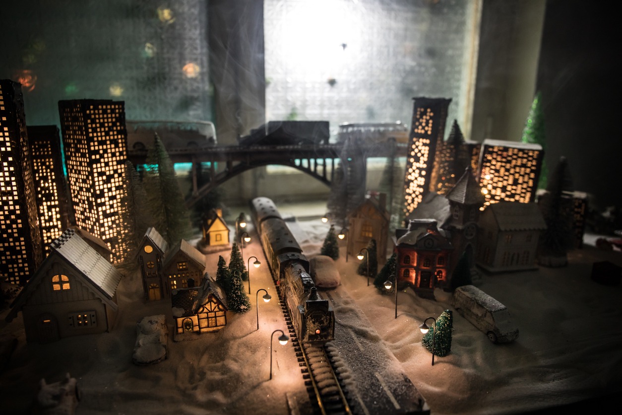 cityscape model train with building lights